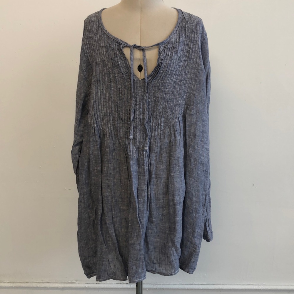 CP Shades Smocked Tie Blue Tunic Mini Dress with Long Sleeves